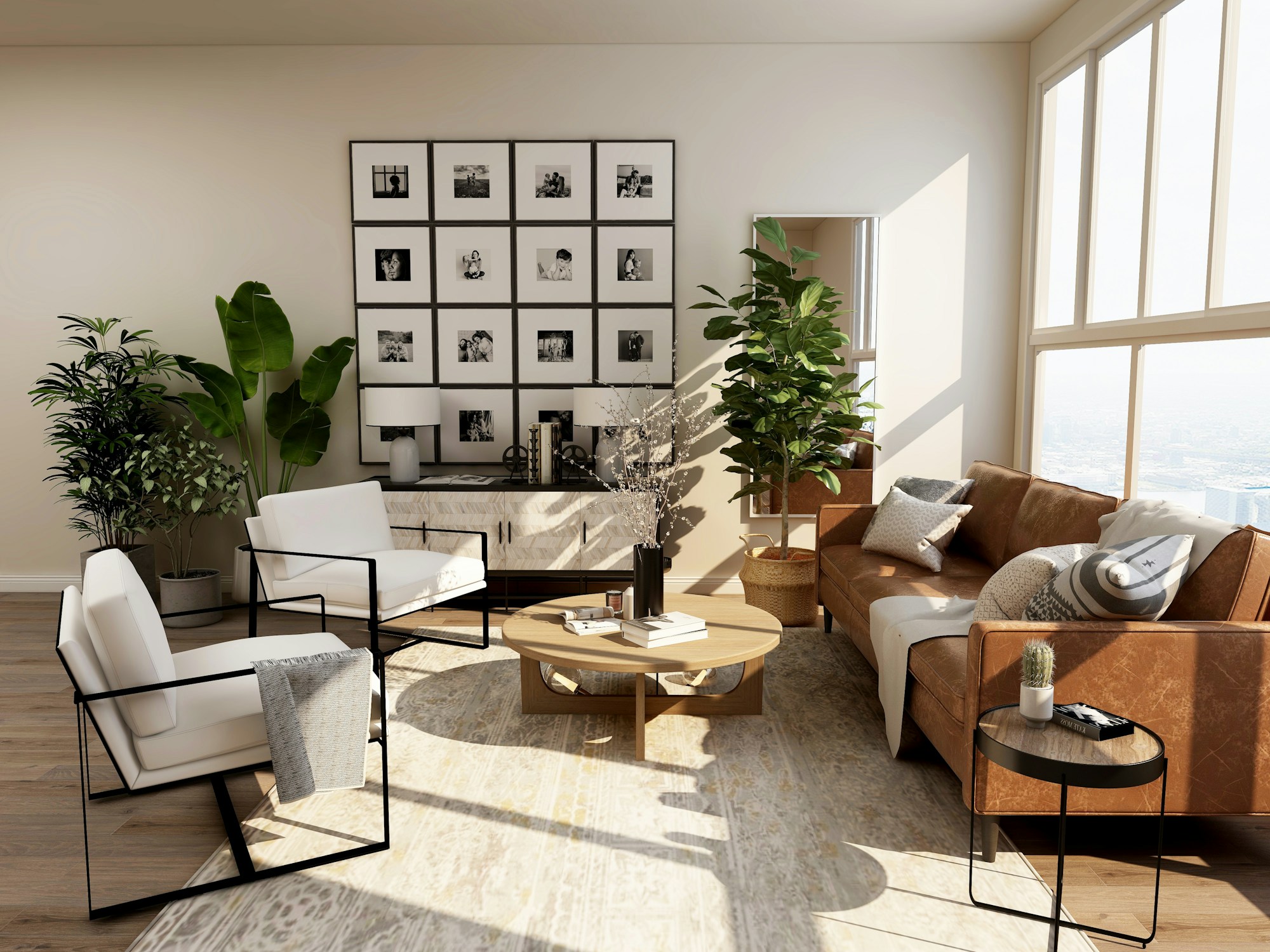 Daylight falling across a living room with timber furniture and leafy plants